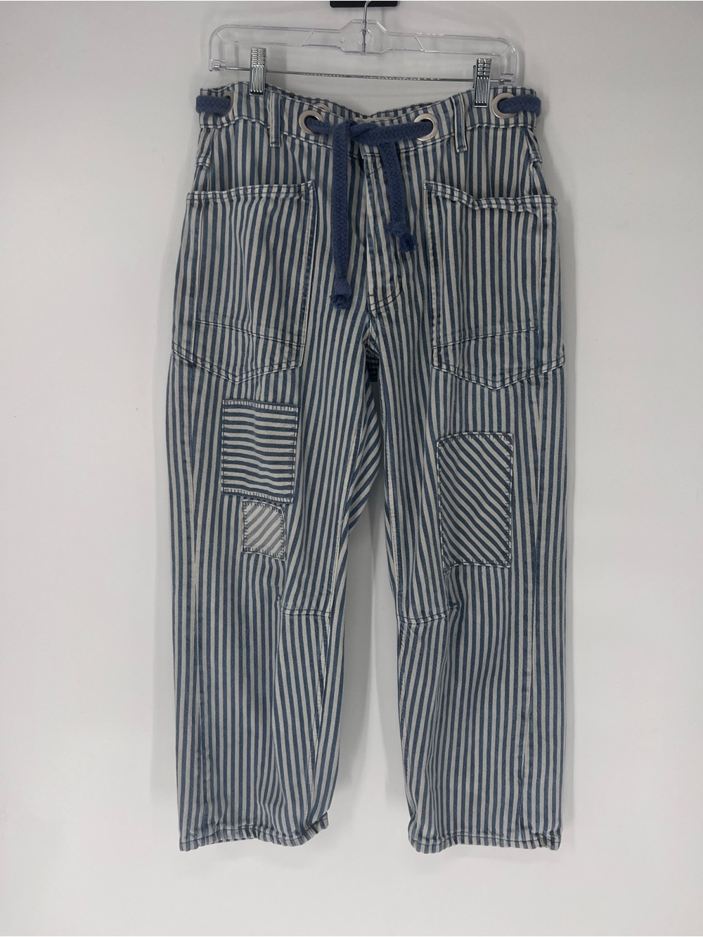 We The Free Moxie Barrel Blue & White Striped Wide-Leg Patchwork Utility Jean 27